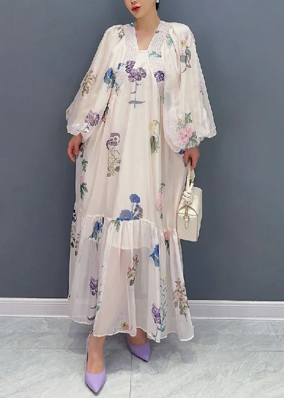 Bohemian White Print Chiffon Long Dresses Lantern Sleeve AR1027 Tunics Summer linen