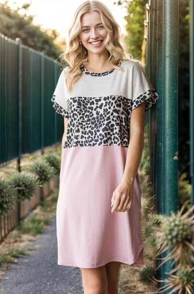 Heimish Full Size Solid Color Block and Animal Mini Dress Plus Size Stylish Spaghetti Strap Mini Dress