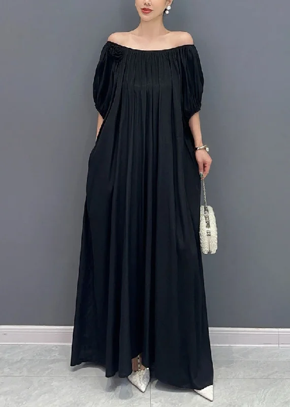 Simple Black Cold Shoulder Slash Neck Cotton Long Dress Summer AO1015 Tunics Silk luxurious Simple Black Cold Shoulder Slash Neck Cotton Long Dress Summer AO1015 Tunics Silk luxurious