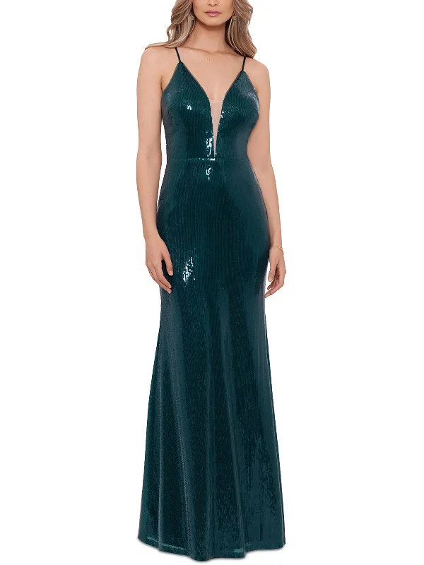 Womens Sequined Plunge Neckline Evening Dress Tunics Prom sequined