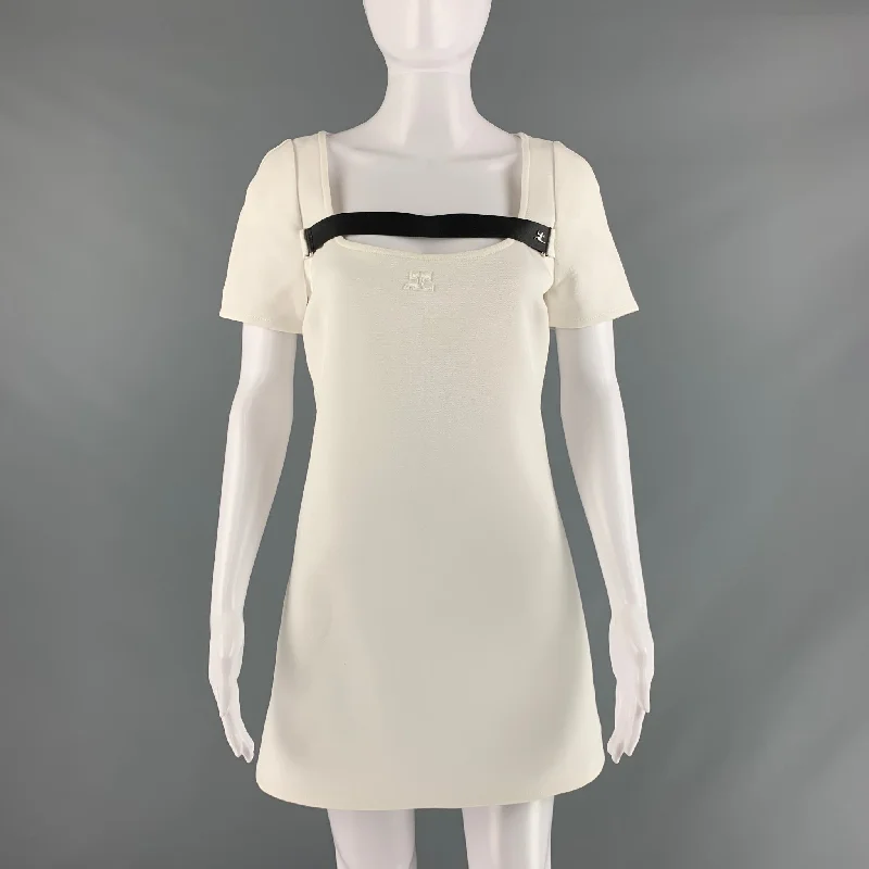 COURREGES Size 4 White Polyester Blend Short Sleeve Mini Dress Casual V-Neck Mini Dress