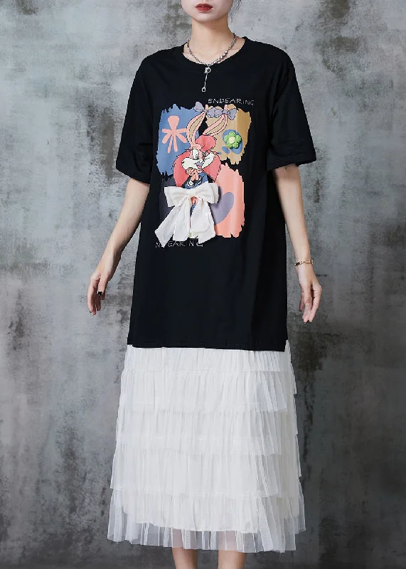 Casual Black Cartoon Bow Patchwork Cotton Maxi Dresses Summer QA1017 Tunics Stylish elegant