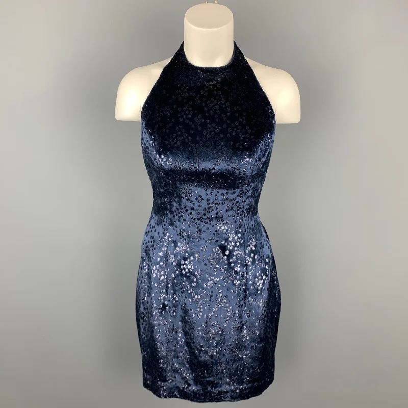 MICHAEL CASEY Size 6 Navy Dot Print Velvet Cocktail Open Back Mini Dress Fashionable Mini Dress with Pockets