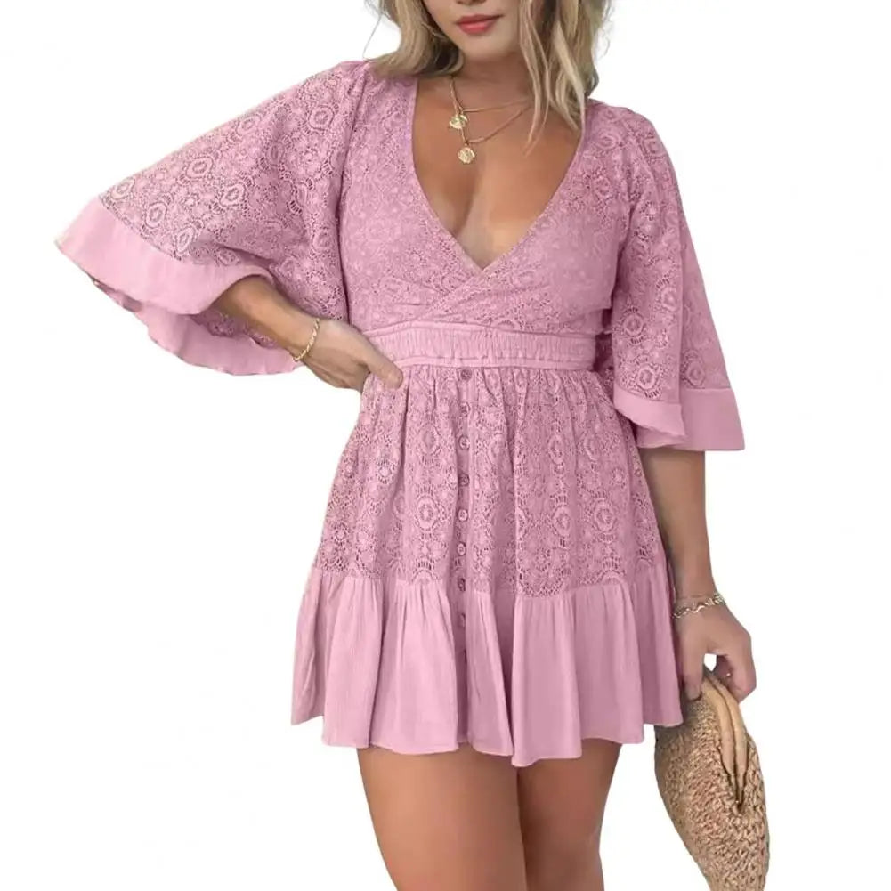 V-neck A-line Dress Slim Waist Dress Elegant Lace Patchwork V Neck Mini Dress with Bat Sleeves Ruffle Detail for Summer Dates Chic Sleeveless Mini Dress V-neck A-line Dress Slim Waist Dress Elegant Lace Patchwork V Neck Mini Dress with Bat Sleeves Ruffle Detail for Summer Dates Chic Sleeveless Mini Dress