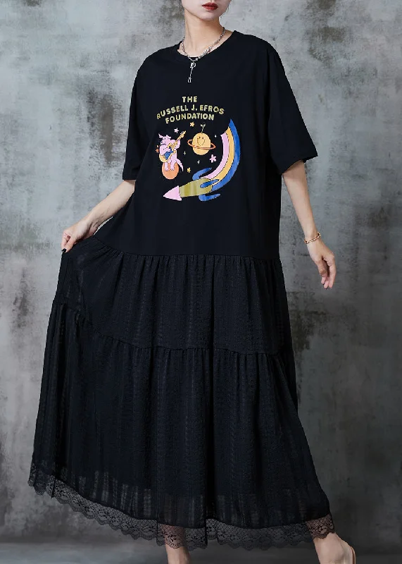 DIY Black Exra Large Hem Patchwork Cotton Maxi Dresses Summer QA1022 Tunics Versatile stylish