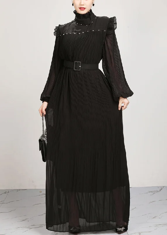 French Black Ruffled Solid Chiffon Maxi Dresses Fall AR1038 Elegant Long Evening