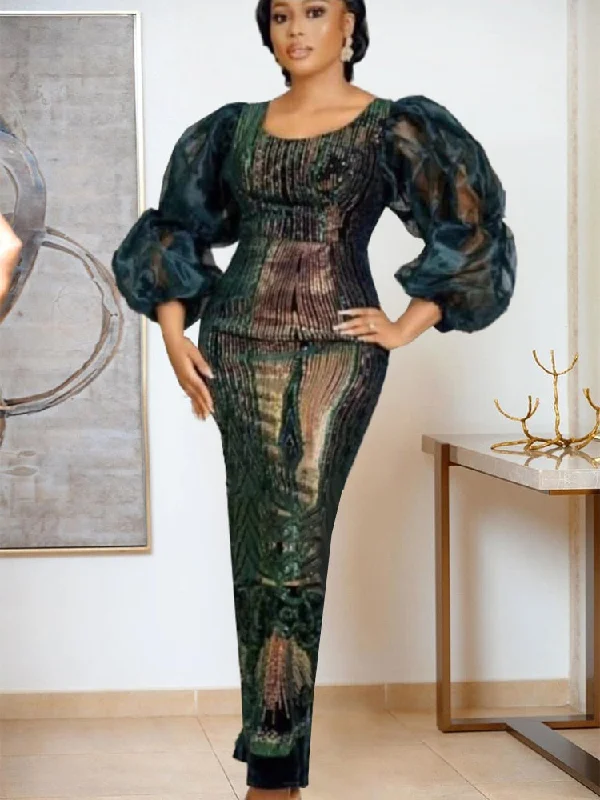 Women Party Long Dress See Through Sleeve Patchwork Sequined O Neck Evening Celebrate African Gowns Robes Birthday Wedding Guest Tunics Solid Classic Women Party Long Dress See Through Sleeve Patchwork Sequined O Neck Evening Celebrate African Gowns Robes Birthday Wedding Guest Tunics Solid Classic