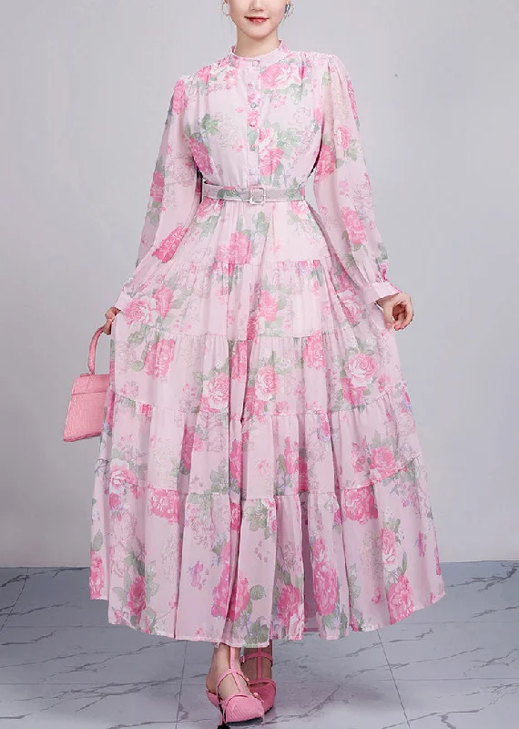 Style Pink Stand Collar Print Cotton Party Dress Long Sleeve AR1025 Tunics Bestseller popular