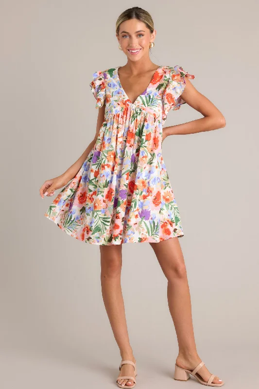 Botanical Bouquet Ivory Multi Floral Mini Dress Modern Satin Mini Dress