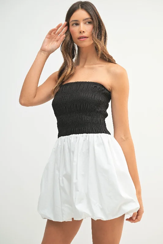 Smocked Bodice Bubble Hem Tube Mini Dress Trendy Lace Mini Dress