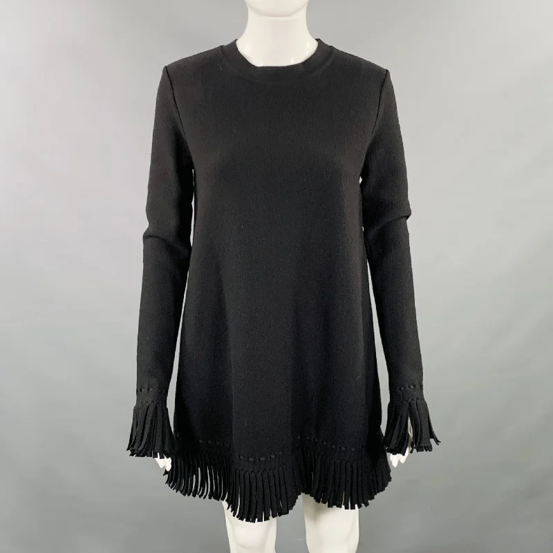 ALAIA Size 6 Black Wool Blend Fringe Trim Mini Dress Classic White Mini Dress