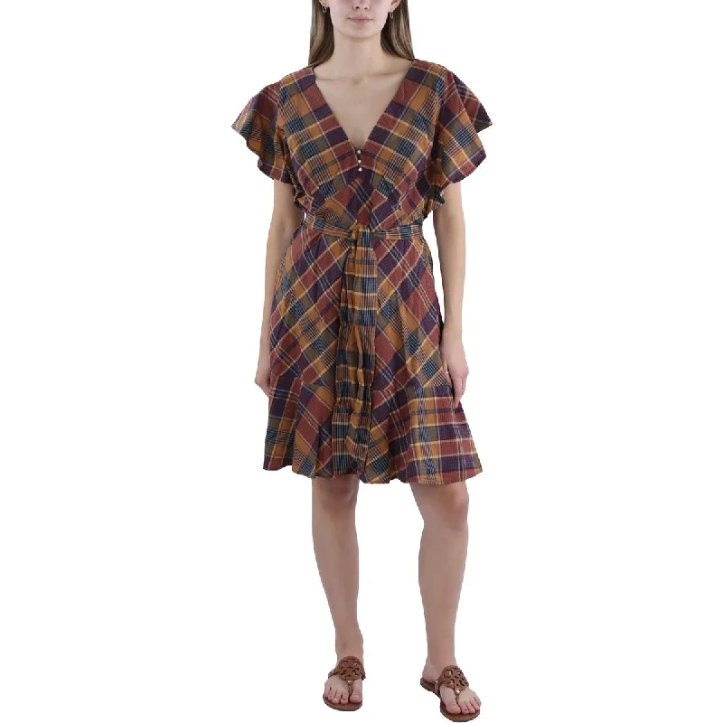 Womens Checkered Cotton Mini Dress Halter Neckline Beach