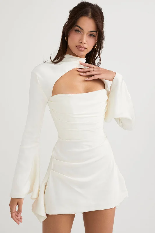 Silky Gathered High Neck Long Sleeve Cutout Party Mini Dress - White Tunics Fall fleece Silky Gathered High Neck Long Sleeve Cutout Party Mini Dress - White Tunics Fall fleece