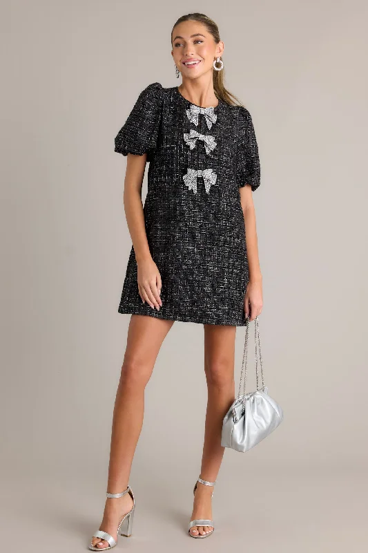 Alter Ego Black Tweed Puff Sleeve Mini Dress Cozy Sweater Mini Dress