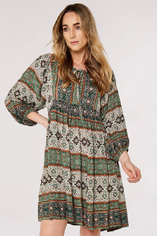 Apricot Paisley Patchwork Mini Dress Comfortable Wrap Mini Dress