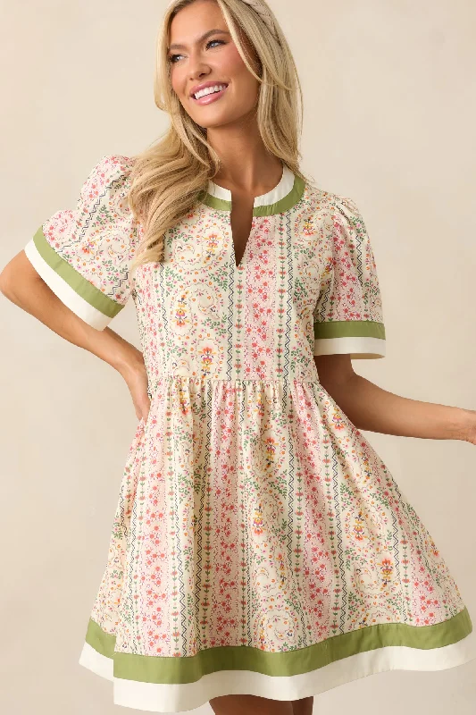 Lush With Life Green Floral Cotton Mini Dress Elegant Floral-Print Mini Dress