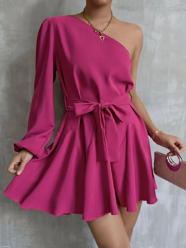 One-Shoulder Belted Mini Dress Fashionable Off-Shoulder Mini Dress