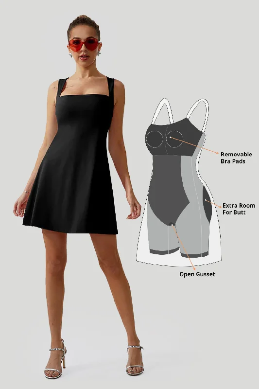 Square Neck Mini Dress With Built-in Shapewear Comfortable Casual Mini Dress