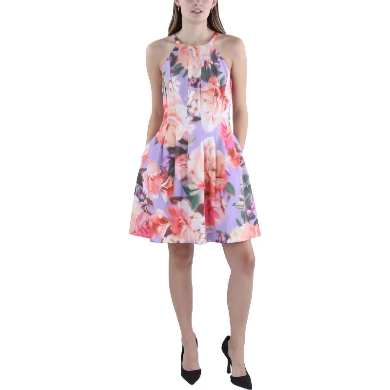 Petites Womens Floral Print Mini Fit & Flare Dress Tunics Print Colorful