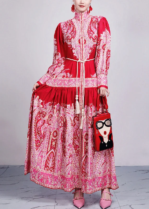 New Red Print Tie Waist Cotton Long Dresses Long Sleeve AR1035 Tunics Plaid country
