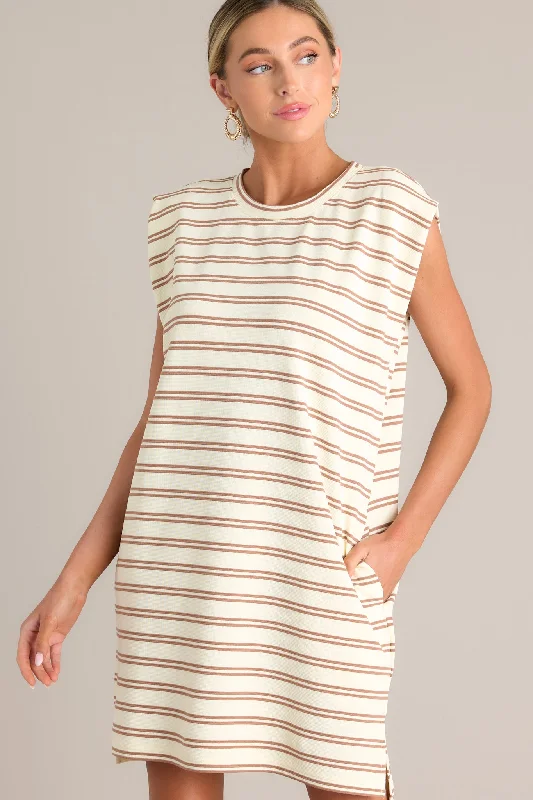 Vintage Voyage Caramel Stripe Cap Sleeve Mini Dress Elegant Velvet Mini Dress