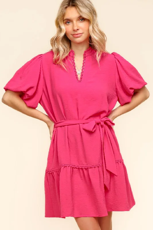 Haptics Bubble Pink Mini Dress with Tie Waist Fashionable Denim Mini Dress