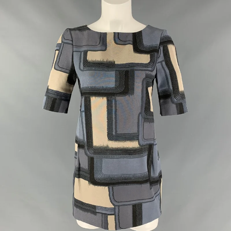 MARNI Size 2 Blue and Beige Cotton & Silk Color Block Short Sleeve Mini Dress Fashionable Pleated Mini Dress