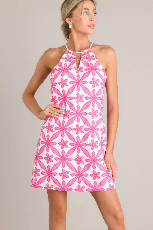 Botanical Breeze Pink Floral Embroidered Mini Dress Chic Bohemian Mini Dress