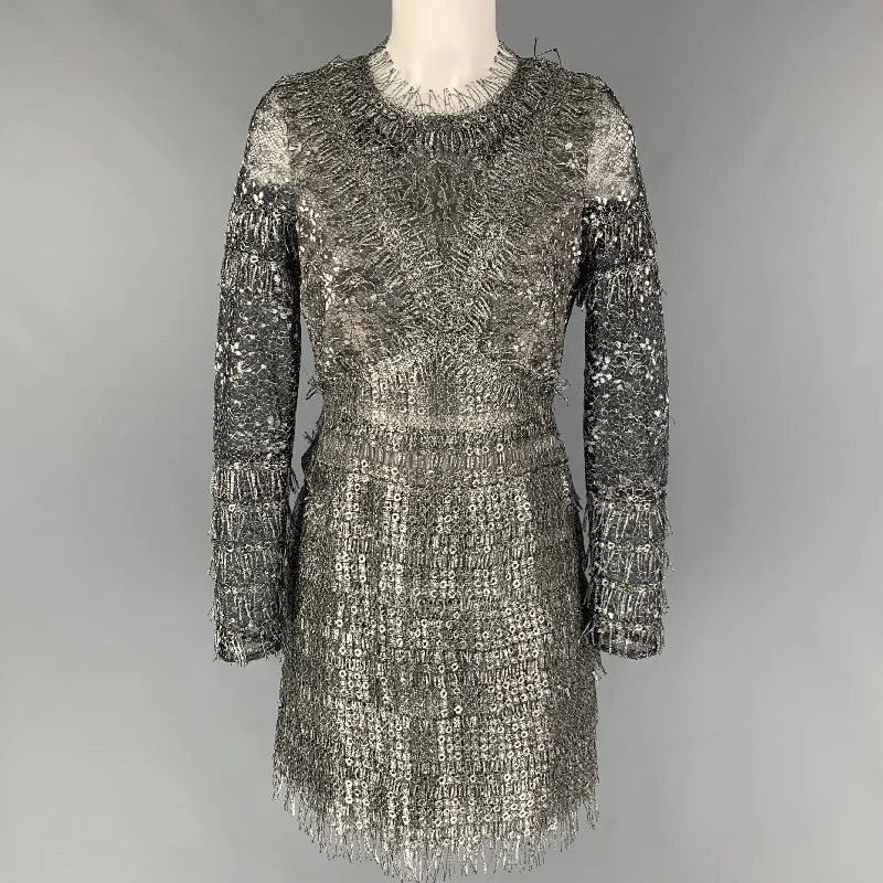 J.MENDEL Size 8 Silver Textured Long Sleeve Mini Dress Trendy Floral Mini Dress