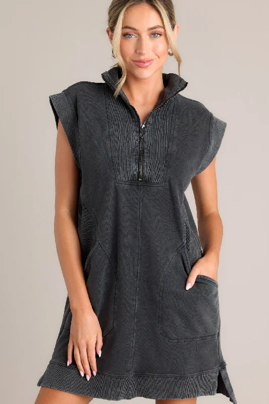 Shadowed Splendor 100% Cotton Charcoal Zip Front Mini Dress Comfortable Casual Mini Dress