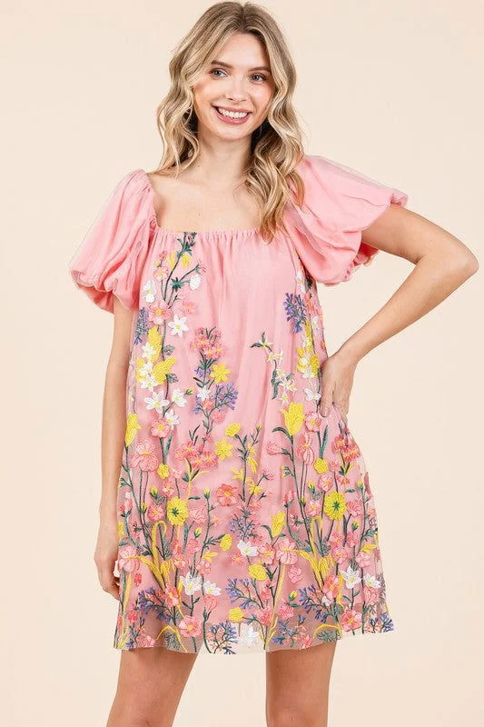 Floral Embroidered Mesh Mini Dress Trendy Denim Mini Dress