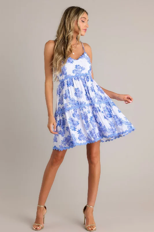 Azure Elegance Blue Floral Ricrac Mini Dress Cozy Satin Mini Dress