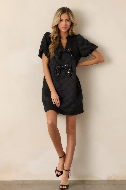 Midnight Glitz Black Puff Sleeve Mini Dress Trendy Floral Mini Dress