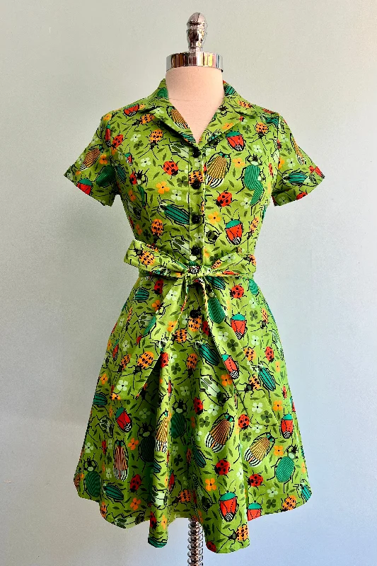 Green Bug Shirtwaist Mini Dress by Eva Rose Fashionable Boho-Chic Mini Dress