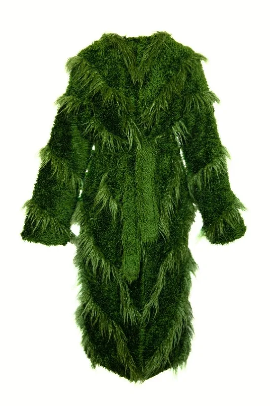 GREEN LLAMA LONG FAUX FUR COAT Shawl Collar Notch Collar Lapel Collar