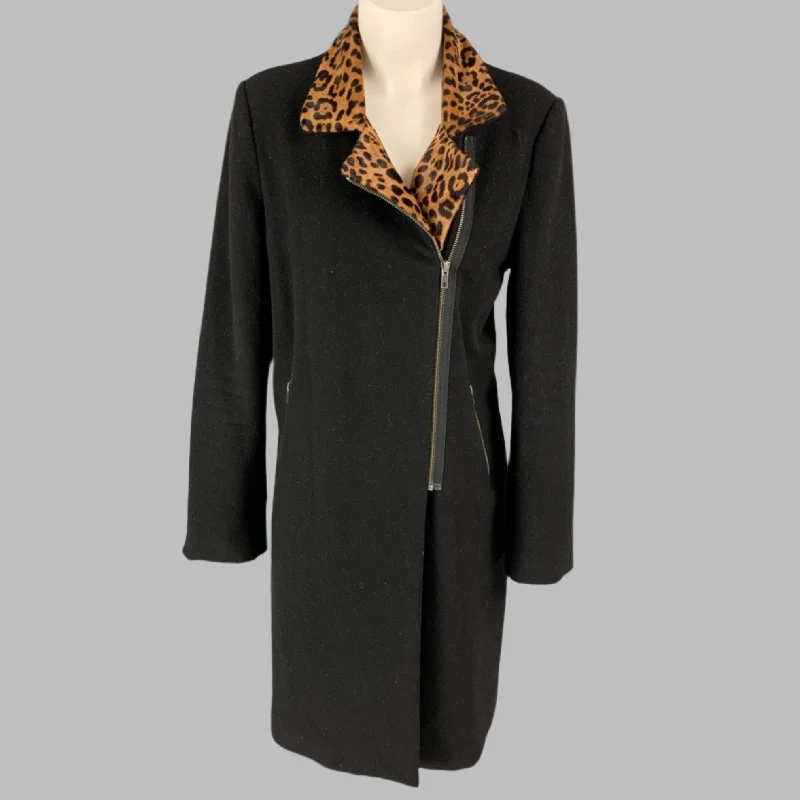 MASON Size 8 Black Tan Wool Blend Leopard Zip Up Coat Stole Shawl Scarf