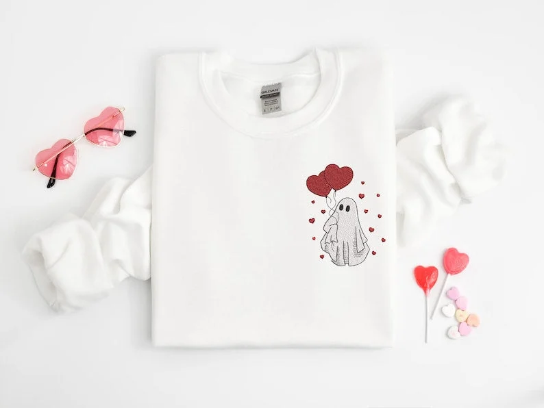 Embroidered Ghost Sweatshirt, Valentine's Day Ghost Embroidered Shirt, Valentine's Day Sweatshirt, Valentine's Day Embroidered Sweatshirt Hoodie with Patch Decorative Personalized Embroidered Ghost Sweatshirt, Valentine's Day Ghost Embroidered Shirt, Valentine's Day Sweatshirt, Valentine's Day Embroidered Sweatshirt Hoodie with Patch Decorative Personalized