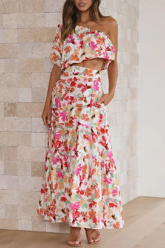 Renee One Shoulder Crop Top + Skirt Set Collared Crew Neck Turtle Neck