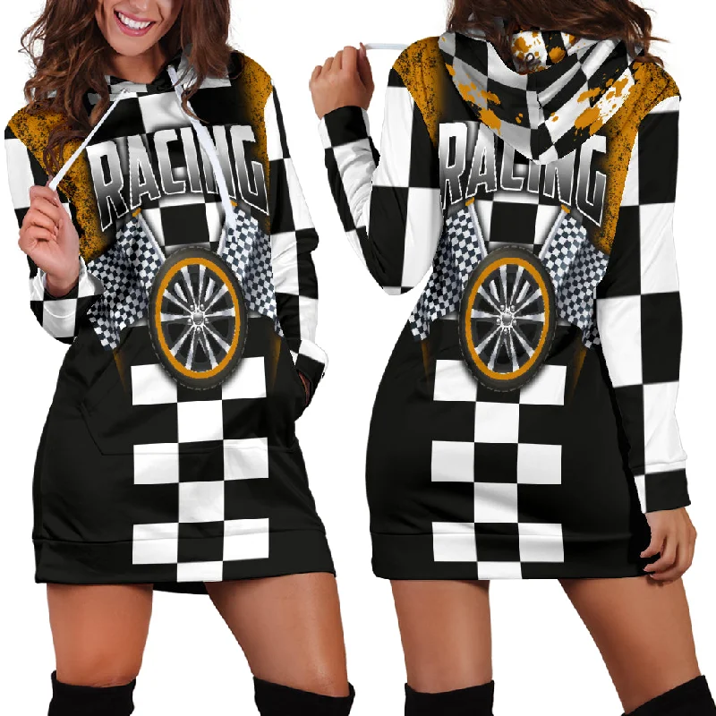 Racing Hoodie Dress Orange Hoodie with Hem Detail Decorative Unique