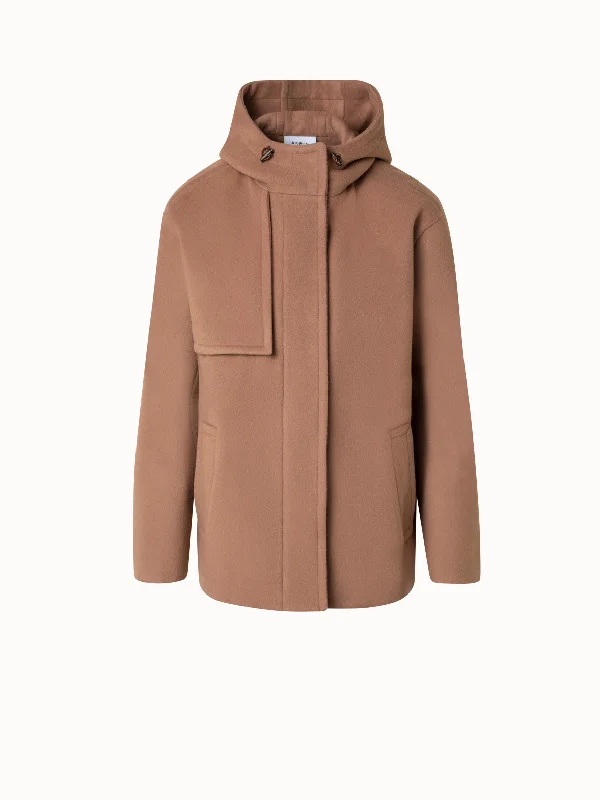 Short Felted Wool Coat with Hood Down Puffer Quilted