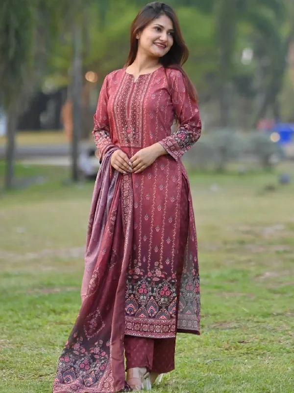 Maroon Printed Crepe Straight Kurta With Trousers & Dupatta Wide Leg Loose Fit Mid Waist Maroon Printed Crepe Straight Kurta With Trousers & Dupatta Wide Leg Loose Fit Mid Waist