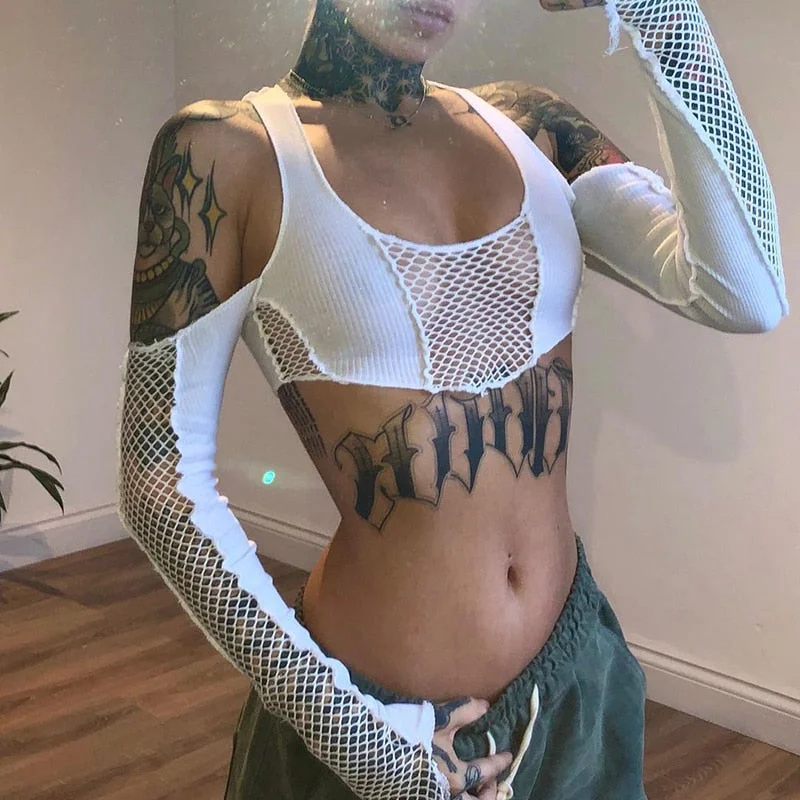Long Sleeve Crop Top Mesh Canvas Denim