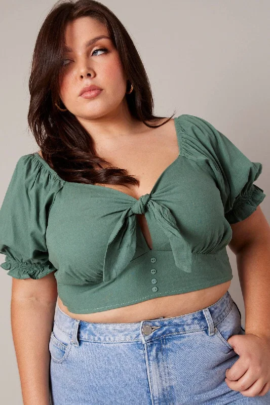 Green Crop Top Short Sleeve Tie Front Modern Contemporary Chic