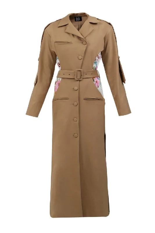 BEIGE FLORAL TRENCH COAT Faux Fur Real Fur Shearling