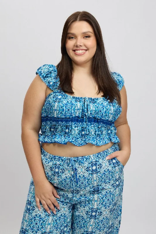Blue Boho Crop Top Short Sleeve Ruched Bust Hooded Caped Shawl Collar