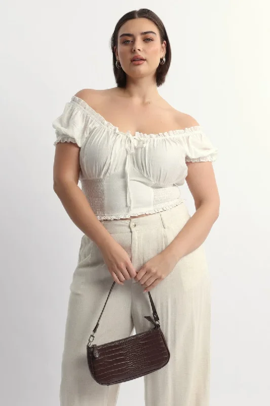 White Crop Top Short Sleeve Ruched Bust Shirred Waist Mesh Canvas Denim
