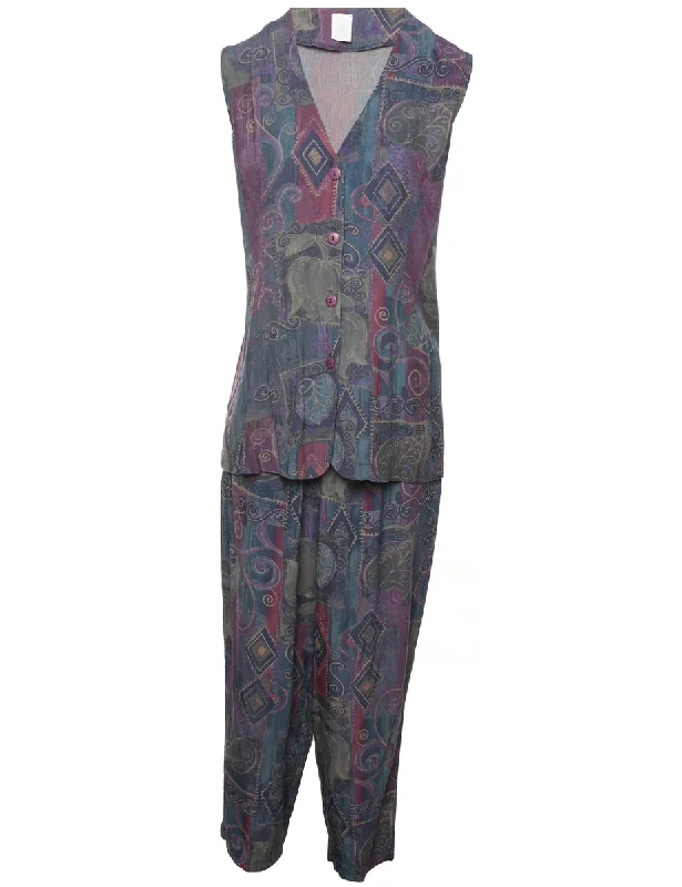 Patterned 1990s Multi-Colour Top & Trouser Set - M Skinny Trousers Denim Stretchy