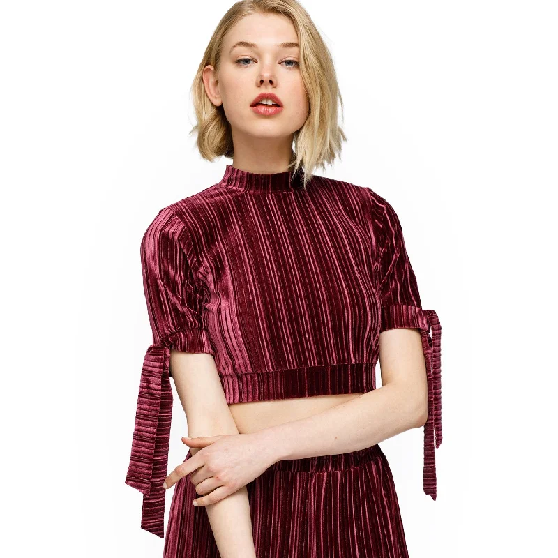 Women's Mock-Neck Velvet Crop Top In Mulberry Chenille Fabric Brocade Fabric Lace Fabric