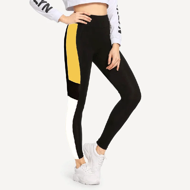 Black Leggings With Yellow and White Stripe Trendy Fitness Leggings