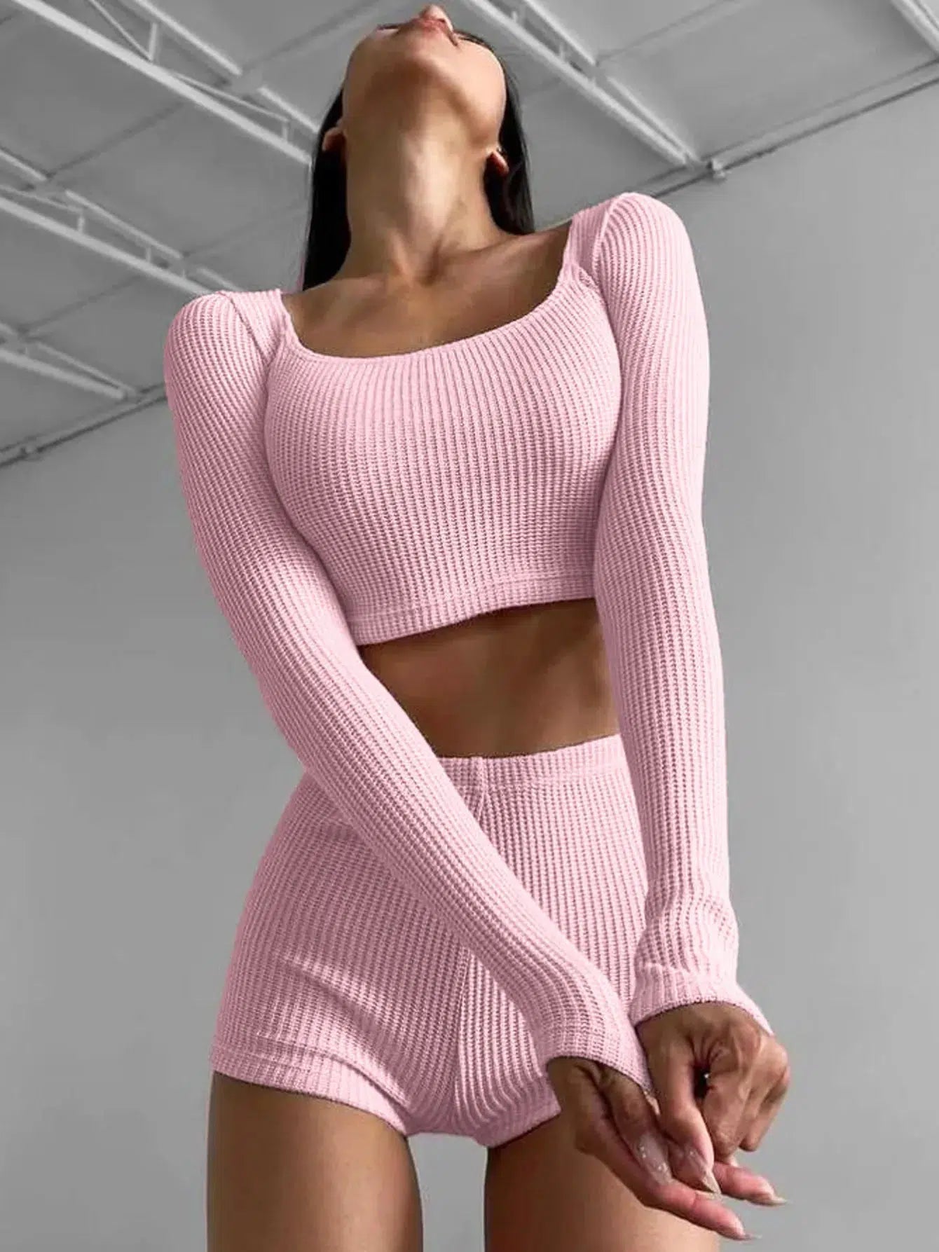 Knitted Crop Top & Shorts Two Piece Set Solid Print Embellished